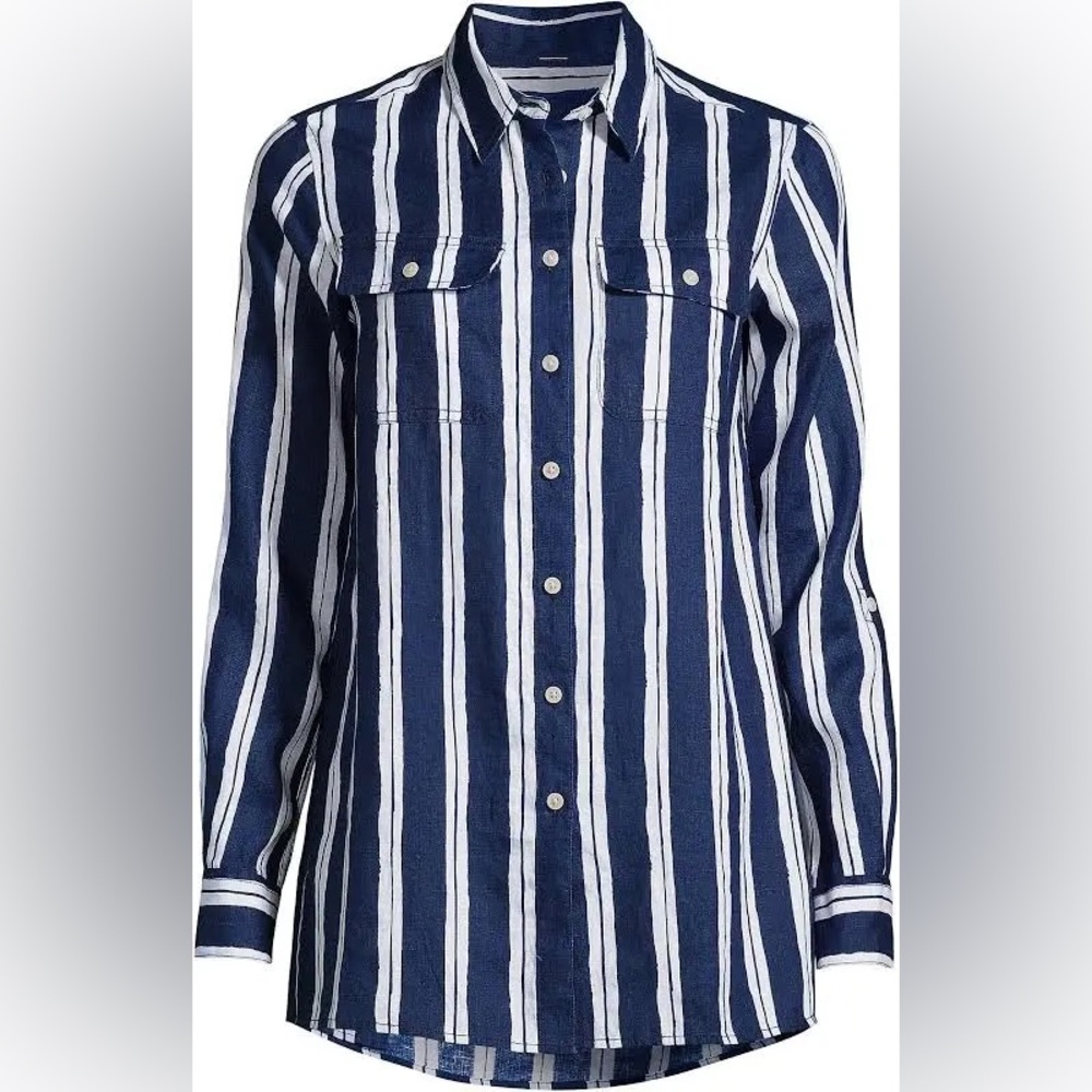 Lands' End Women's Navy Blue and White Striped 100% Linen Blouse